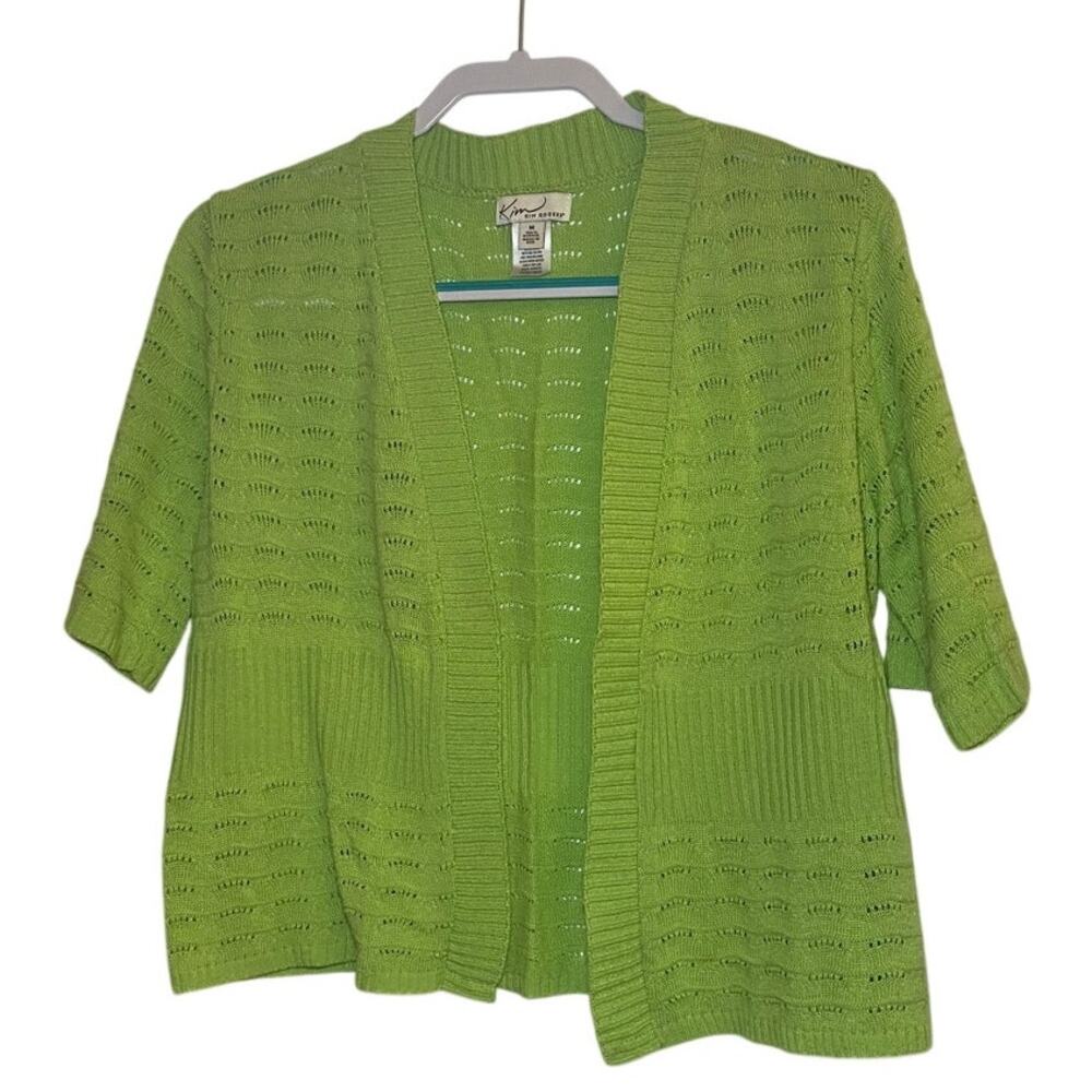 GG150 Kim Rogers Womens Medium Green Open Front Pointelle Knit Cardigan USA